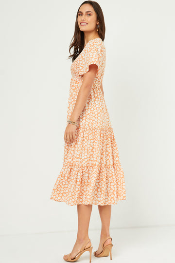 HY5527 Apricot Womens Floral Print Smocked V Neck Tiered Dress Full Body